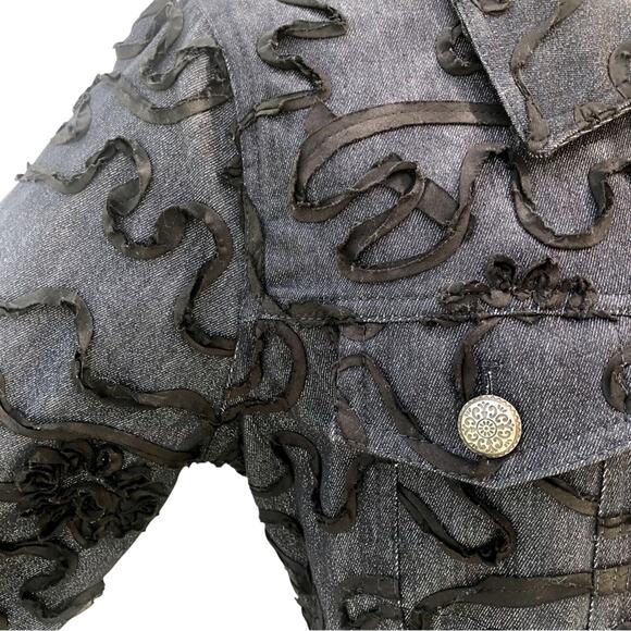 Analogy Black Trim Classic Denim Jacket Top Stitching Detail Silver Tone Buttons - Picture 5 of 16